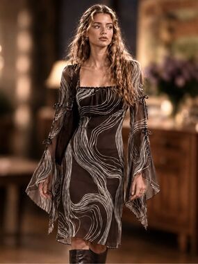Vtg Y2K High Fashion Brown Abstract Sheer Bell Sleeve Dress S Whimsigoth Fairy
